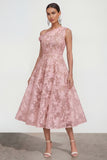 Pink One Shoulder A-Line Midi Floral Dress