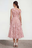 Pink One Shoulder A-Line Midi Floral Dress