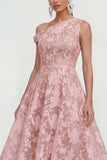 Pink One Shoulder A-Line Midi Floral Dress