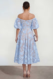 Off The Shoulder A-Line Midi Pink Floral Dress with Puff Sleeves