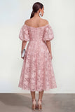 Off The Shoulder A-Line Midi Pink Floral Dress with Puff Sleeves