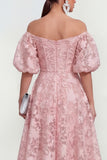 Off The Shoulder A-Line Midi Pink Floral Dress with Puff Sleeves
