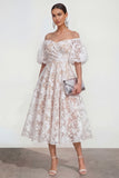 Off The Shoulder A-Line Midi Pink Floral Dress with Puff Sleeves