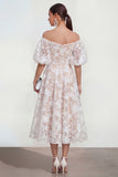 Off The Shoulder A-Line Midi Pink Floral Dress with Puff Sleeves