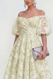 Off The Shoulder A-Line Midi Pink Floral Dress with Puff Sleeves