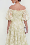 Off The Shoulder A-Line Midi Pink Floral Dress with Puff Sleeves