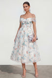 White A Line Off The Shoulder Midi Multi Floral Dress