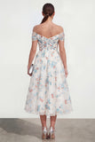 White A Line Off The Shoulder Midi Multi Floral Dress