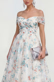 White A Line Off The Shoulder Midi Multi Floral Dress