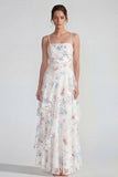 White Sheath Spaghetti Straps Maxi Multi Floral Dress with Ruffles