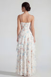 White Sheath Spaghetti Straps Maxi Multi Floral Dress with Ruffles