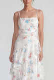 White Sheath Spaghetti Straps Maxi Multi Floral Dress with Ruffles