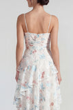 White Sheath Spaghetti Straps Maxi Multi Floral Dress with Ruffles