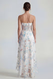 White A-Line Strapless Corset Long Multi Floral Dress with Ruffle Slit
