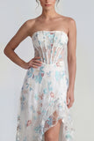 White A-Line Strapless Corset Long Multi Floral Dress with Ruffle Slit