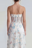 White A-Line Strapless Corset Long Multi Floral Dress with Ruffle Slit