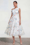 White A-Line One Shoulder Midi Multi Floral Dress