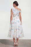 White A-Line One Shoulder Midi Multi Floral Dress
