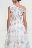 White A-Line One Shoulder Midi Multi Floral Dress