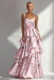 Blue A Line Ruffled Printed Satin Long Floral Dress