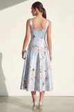 Blue Square Neck A Line Printed Satin Midi Floral Dress