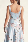 Blue Square Neck A Line Printed Satin Midi Floral Dress