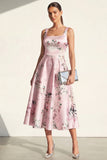 Blue Square Neck A Line Printed Satin Midi Floral Dress