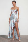 Pink A Line Spaghetti Straps Printed Floral Dress with Ruffle Slit