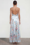 Pink A Line Spaghetti Straps Printed Floral Dress with Ruffle Slit