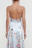 Pink A Line Spaghetti Straps Printed Floral Dress with Ruffle Slit
