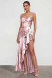 Pink A Line Spaghetti Straps Printed Floral Dress with Ruffle Slit