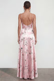 Pink A Line Spaghetti Straps Printed Floral Dress with Ruffle Slit