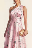 One Shoulder A Line Blue Printed Midi Floral Dress