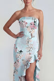 Pink Strapless Sheath Corset Long Floral Dress with Ruffle Slit