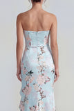 Pink Strapless Sheath Corset Long Floral Dress with Ruffle Slit