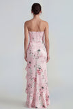 Pink Strapless Sheath Corset Long Floral Dress with Ruffle Slit