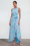 Blue A-Line 3D Flower Printed Chiffon Maxi Dress with Ruffle Slit