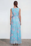 Blue A-Line 3D Flower Printed Chiffon Maxi Dress with Ruffle Slit
