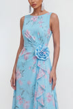 Blue A-Line 3D Flower Printed Chiffon Maxi Dress with Ruffle Slit