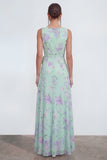 Blue A-Line 3D Flower Printed Chiffon Maxi Dress with Ruffle Slit