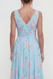 Blue A-Line V-Neck Chiffon Floral Maxi Dress