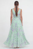 Blue A-Line V-Neck Chiffon Floral Maxi Dress