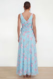 Blue Chiffon A-Line Ruched Side Slit Floral Dress with 3D Flower