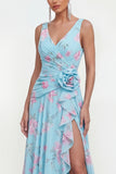 Blue Chiffon A-Line Ruched Side Slit Floral Dress with 3D Flower