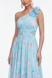 Green One Shoulder A-Line Ruched Chiffon Floral Dress with 3D Flower