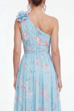 Green One Shoulder A-Line Ruched Chiffon Floral Dress with 3D Flower