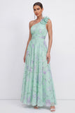 Green One Shoulder A-Line Ruched Chiffon Floral Dress with 3D Flower