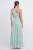 Green One Shoulder A-Line Ruched Chiffon Floral Dress with 3D Flower