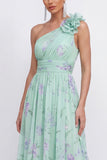 Green One Shoulder A-Line Ruched Chiffon Floral Dress with 3D Flower