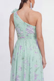 Green One Shoulder A-Line Ruched Chiffon Floral Dress with 3D Flower